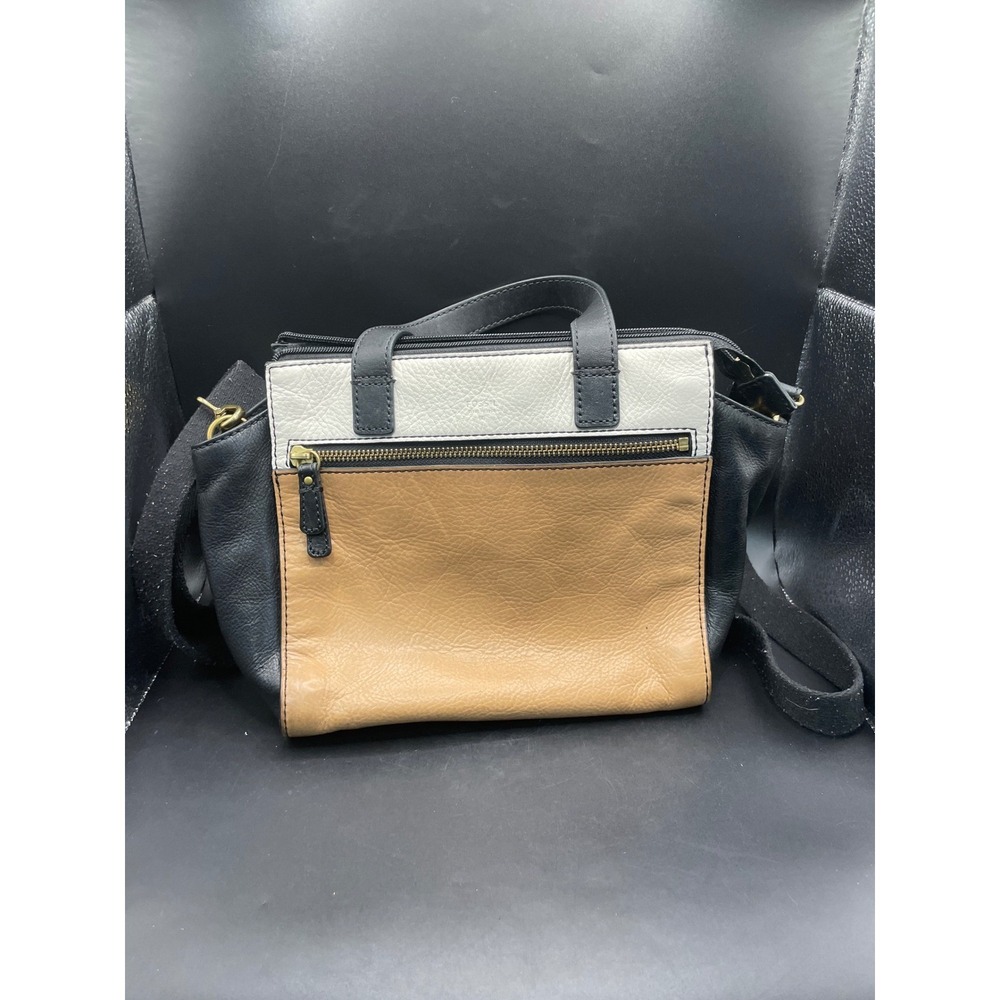 Fossil Tri-Tone Leather Crossbody Bag Black Tan White Colorblock Satchel Handbag